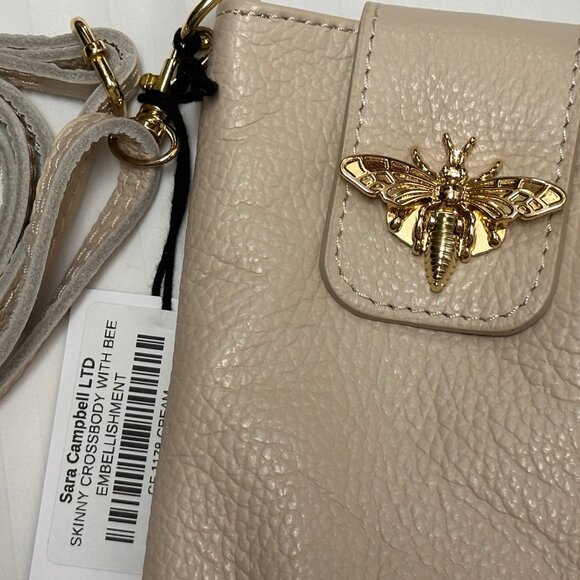 Sara Campbell Skinny Crossbody with Bee in Cream Color Soft Pebbled Leather ~NEW - Picture 4 of 4